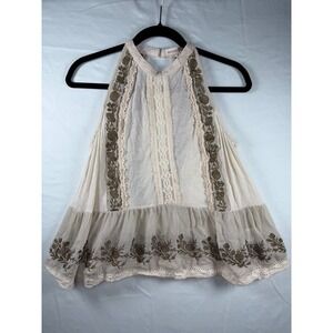 Altar'd State Women Small Cream Boho Halter Top Gold Floral Embroidery Gypsy
